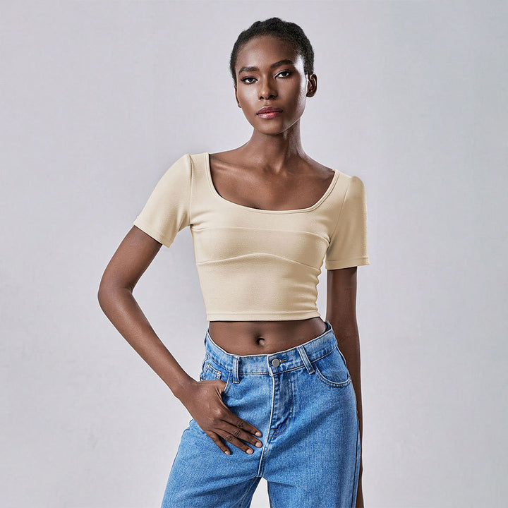 Damen cropped T-Shirt mit elegantem Quadrat-Ausschnitt und kurzen Ärmeln Drune