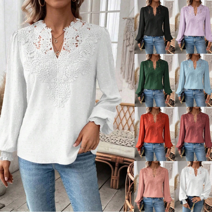 Damen Bluse mit gesticktem V-Ausschnitt und langen Ärmeln Drune