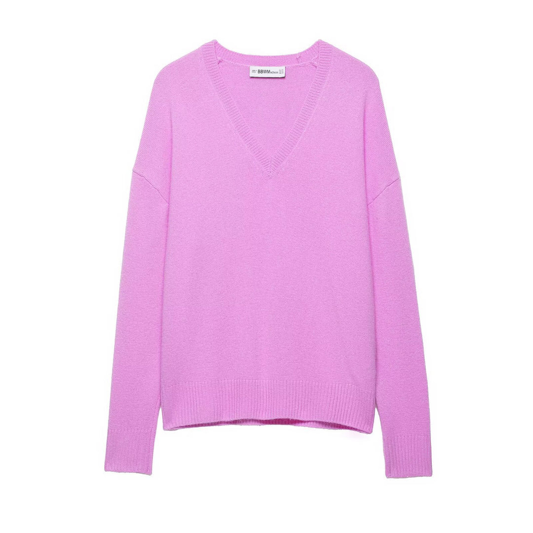 Damen Grobgestrickter V‑Ausschnitt Zopfstrickpullover mit Rippbündchen Drune