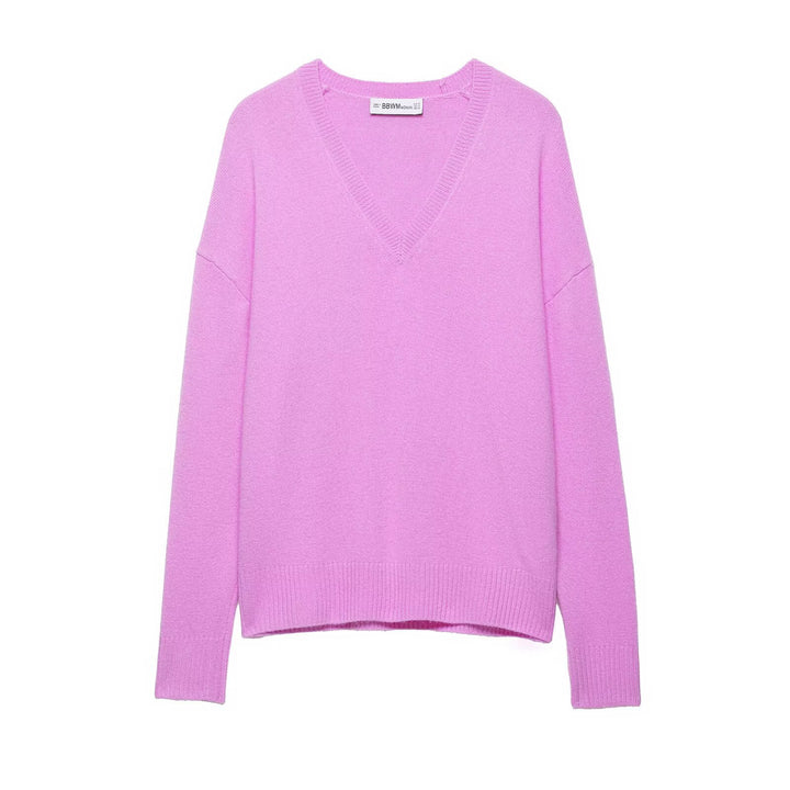 Damen Grobgestrickter V‑Ausschnitt Zopfstrickpullover mit Rippbündchen Drune