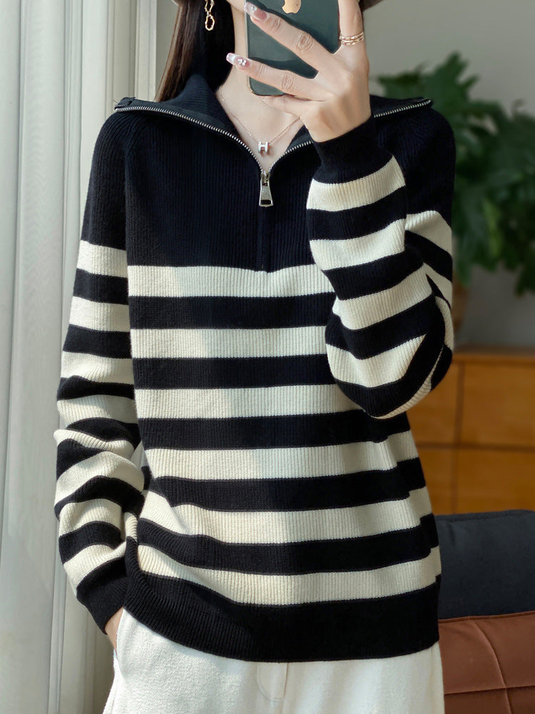 Damen Maritimer Troyer-Pullover aus feinem Rippstrick mit breiten Querstreifen Drune