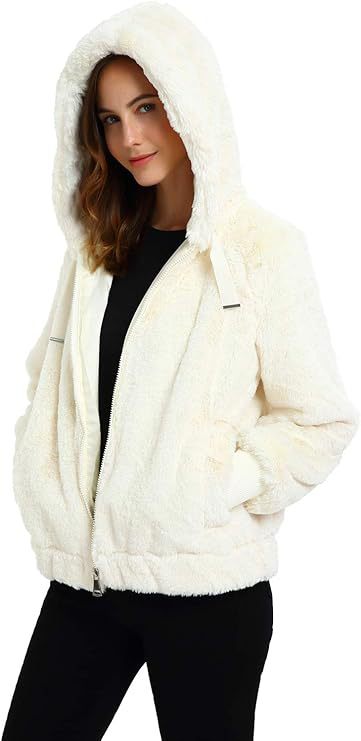 Damen Kapuzen‑Teddyjacke aus weichem Faux‑Fur mit Reißverschluss und Rippbündchen Drune