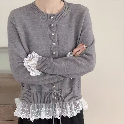 Damen romantischer Strick-Cardigan mit Spitze und Knopfdetails Drune