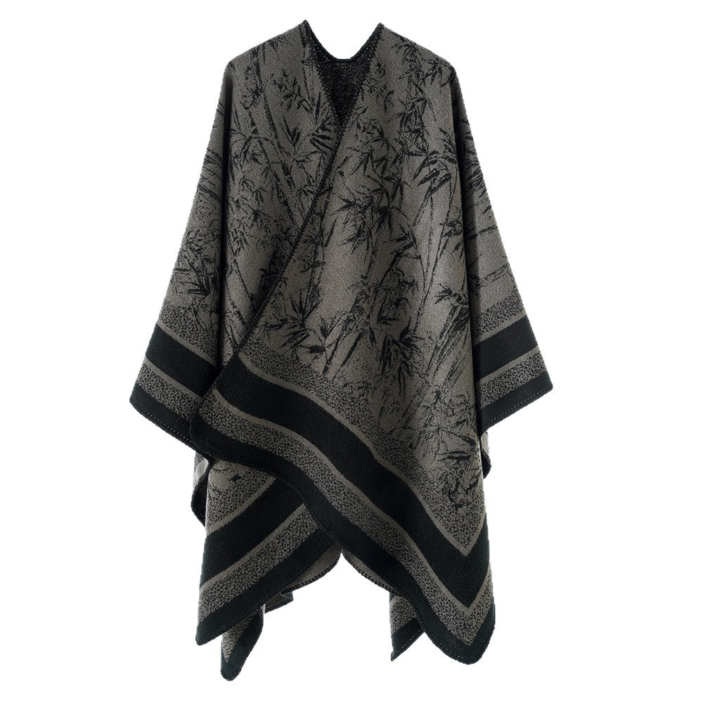 Damen Grobgewebter Jacquard-Capeponcho mit Bambusmotiv und asymmetrischem Zipfelsaum Drune
