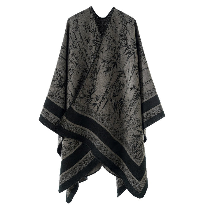 Damen Grobgewebter Jacquard-Capeponcho mit Bambusmotiv und asymmetrischem Zipfelsaum Drune