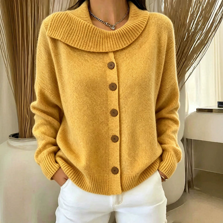 Damen Kuscheliger Knopf-Cardigan mit breitem Rollkragen und gerippten Bündchen Drune