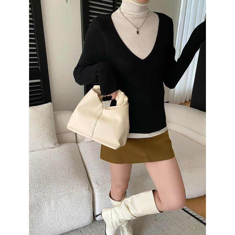 Damen figurbetontes V-Ausschnitt Pullover aus feinem Rippstrick Drune