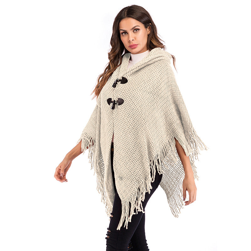 Damen Grobgestricktes Poncho mit Rollkragen, Fransen & Karomuster Drune