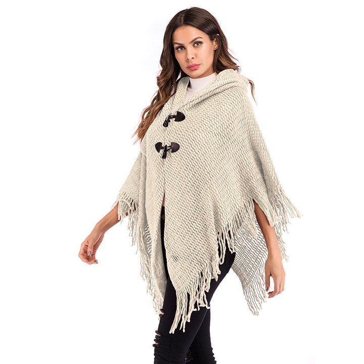 Damen Grobgestricktes Poncho mit Rollkragen, Fransen & Karomuster Drune