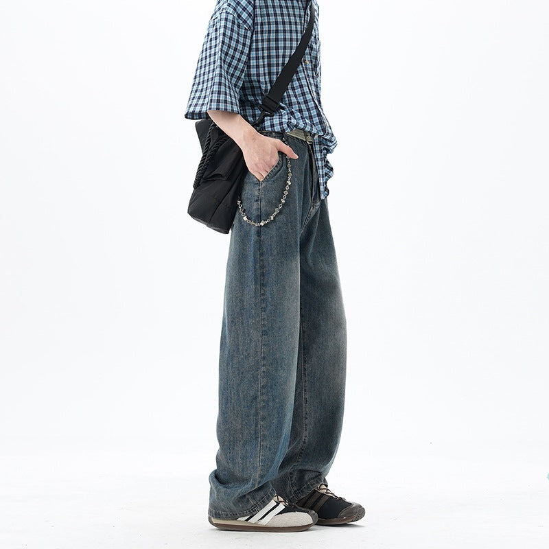 Herren Weite Denim-Jeans mit Vintage-Waschung und tiefem Schritt Drune