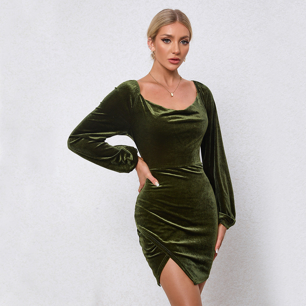 Damen Samtiges Wickel-Minikleid mit Wasserfall-Cowl, Ballonärmeln und asymmetrischer Raffung Drune