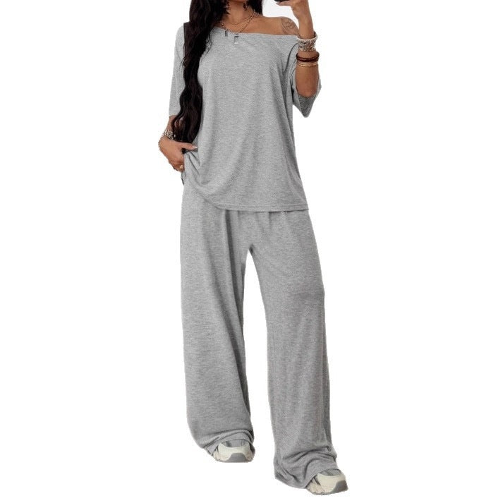 Damen Lässiges Lounge-Set aus weichem Jersey mit weiter Palazzohose und schulterfreiem Oversize-Top Drune
