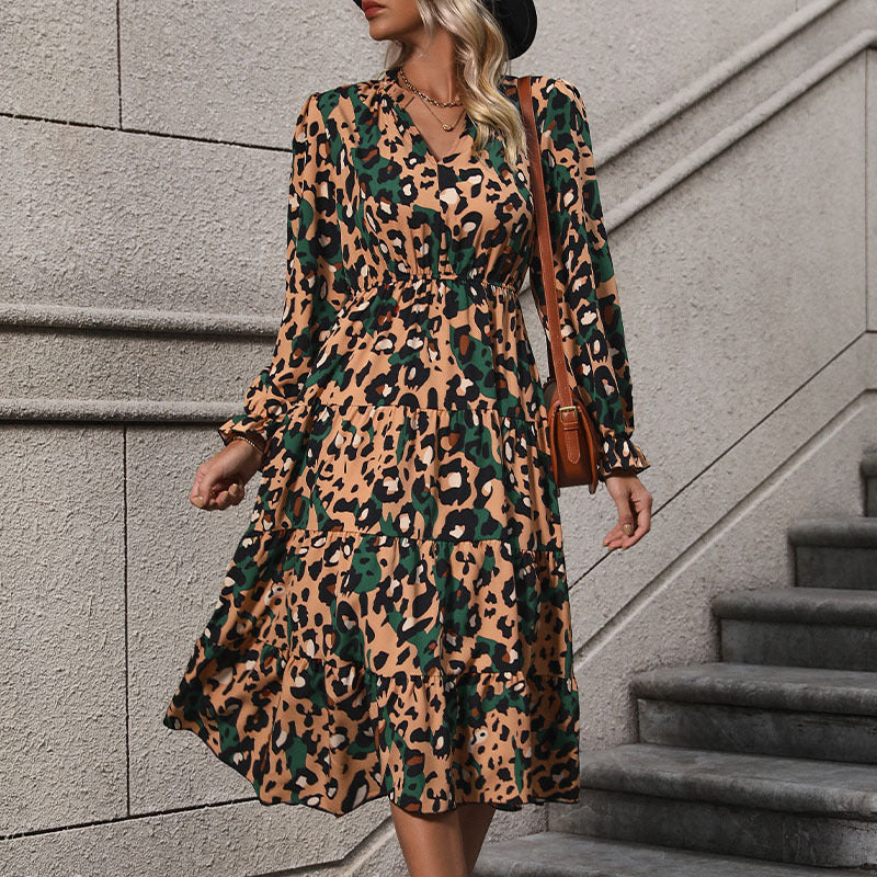Damen Wickel-Midikleid mit Leopardenmuster, Stufenrock und elastischer Taillenpassform Drune
