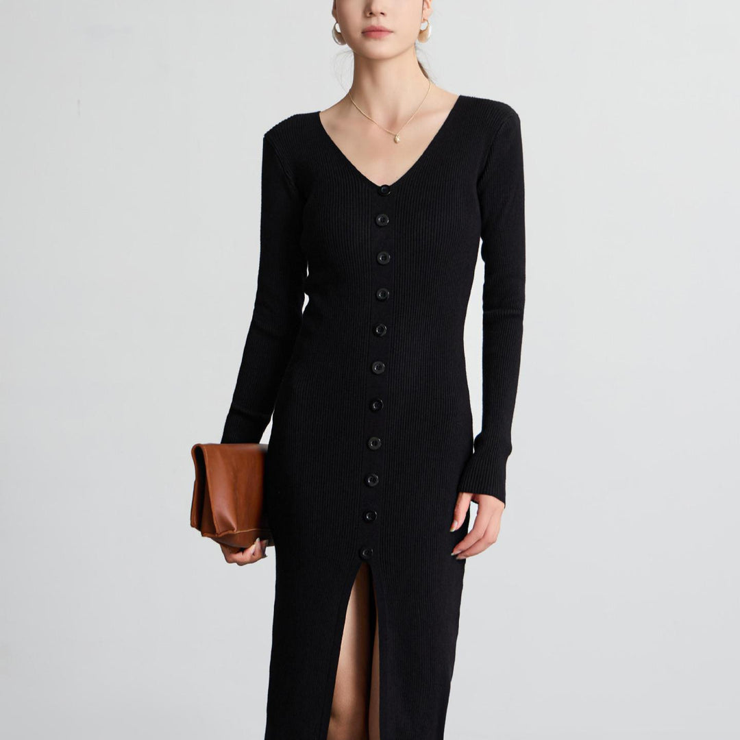 Damen Langärmliges Maxikleid mit Rippstruktur und Knopfdetail Drune