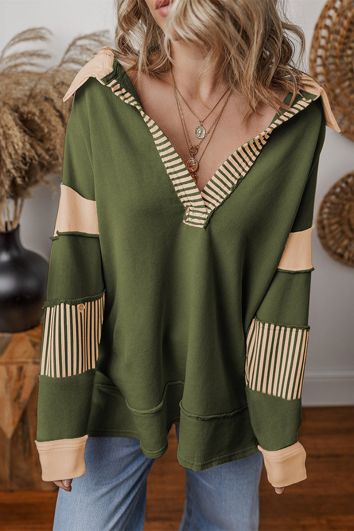 Damen lässiger Pullover mit Hemdkragen und gestreiften Ärmeln Drune