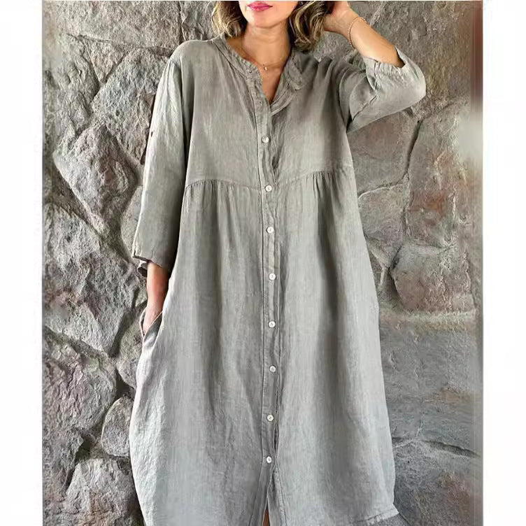 Damen Locker Midi Kleid aus Leinenmischung mit durchgehendem Knopfleiste und Seitentaschen Drune