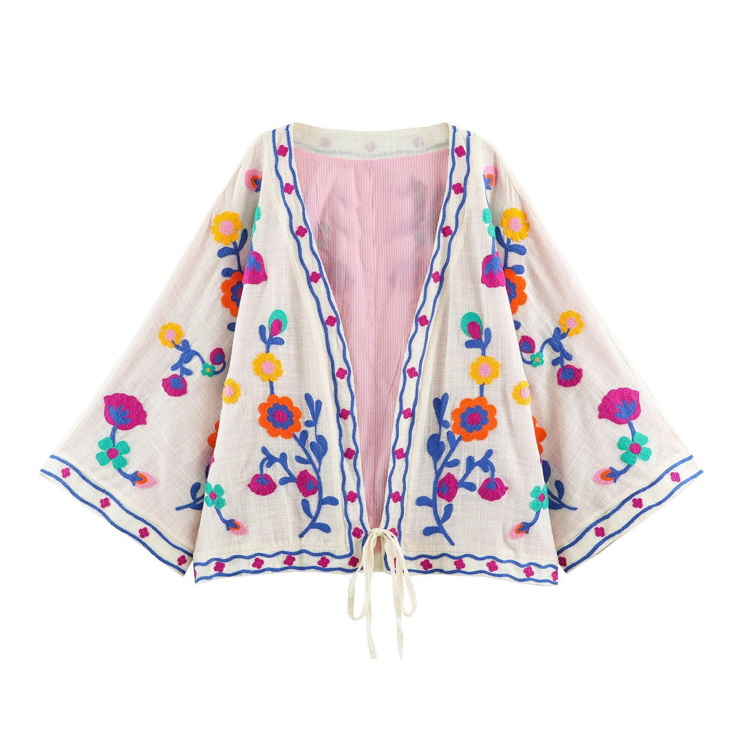 Damen Leichter bestickter Kimono-Cardigan mit floraler Applikation und Bindeband Drune