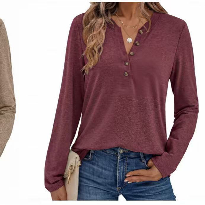 Damen Leichtes Henley-Longsleeve mit V‑Ausschnitt, Knopfleiste und legerer Passform Drune