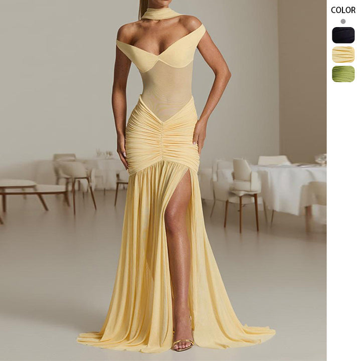Damen figurbetontes Abendkleid mit schulterfreiem Design und seitlichem Schlitz Drune