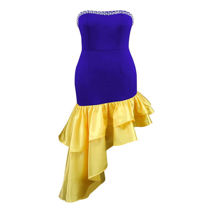 Damen Kleid mit schulterfreiem Design und voluminösem Rüschensaum Drune