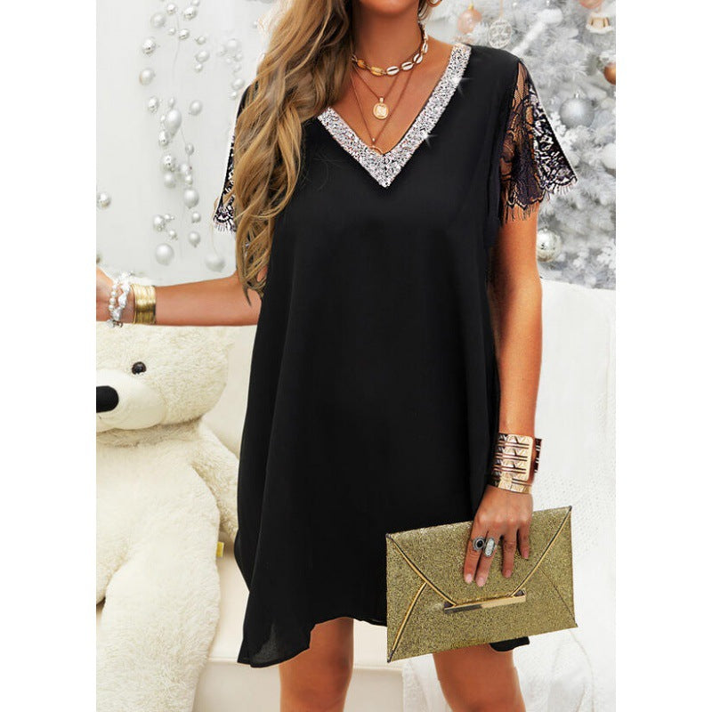 Damen elegantes V-Ausschnitt Shift-Kleid mit Spitzenärmeln Drune