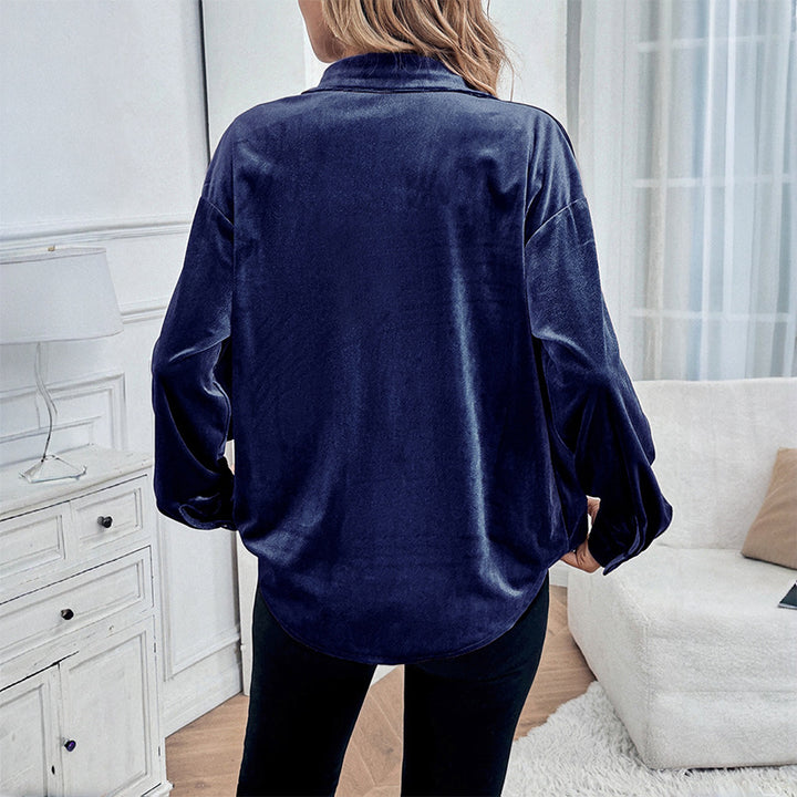 Damen Elegante Samt Bluse mit Knopfdetails Drune