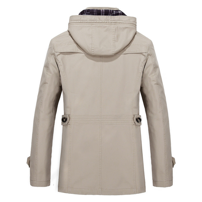 Herren mittellanger Kapuzenparka mit kariertem Innenfutter und verdeckter Zip‑Knopfleiste Drune
