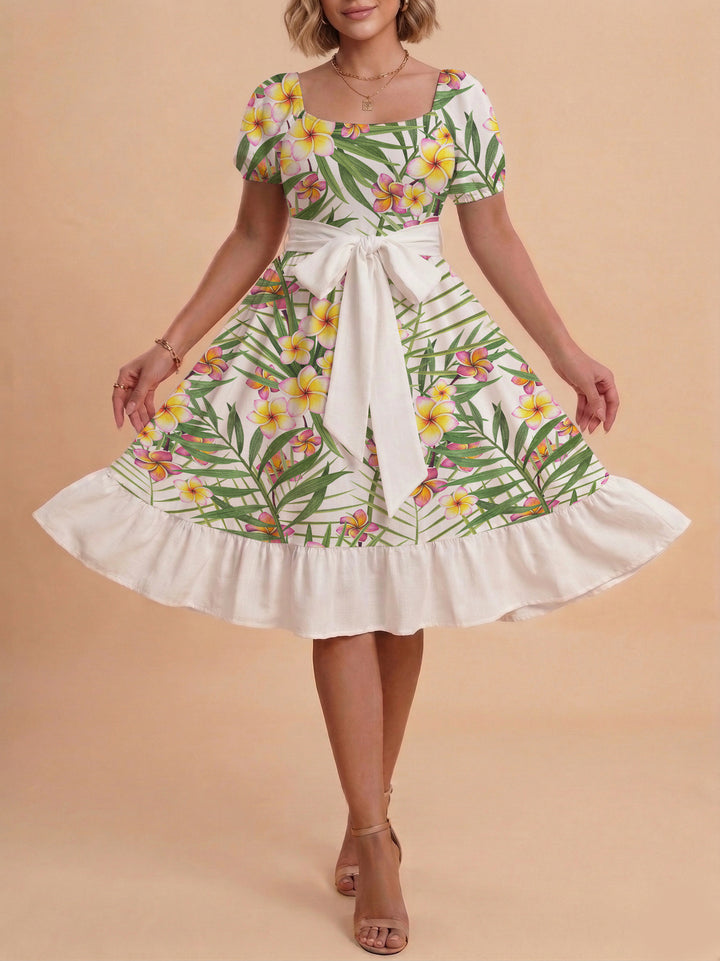 Damen Sommerkleid mit floralem Puffärmel und taillierbarem Gürtel Drune