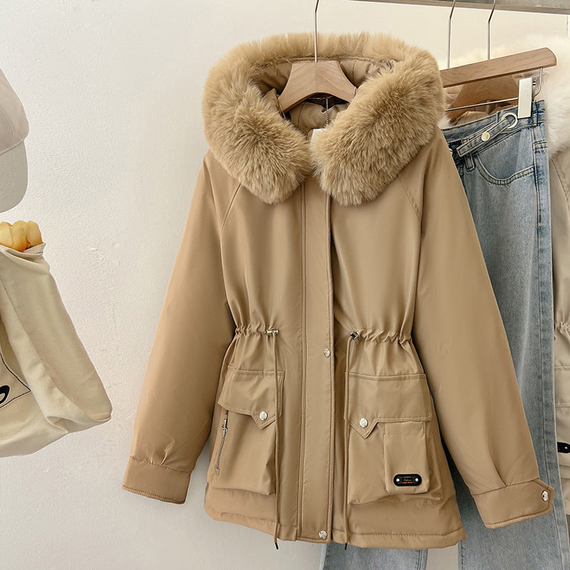 Damen Wattierter Parka mit Tunnelzugtaillierung, Kapuze und voluminösem Kunstfellkragen Drune