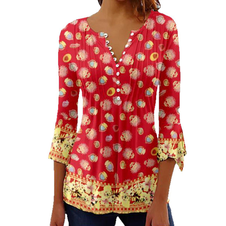 Damen nan leichte Boho-Bluse mit V-Ausschnitt, Zierfalten, Knopfleiste und dreiviertelärmeln Drune