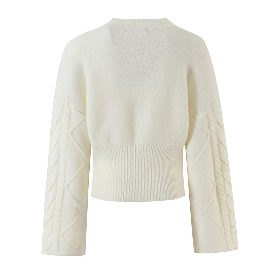 Damen Kurzgeschnittener Zopfstrick-Pullover mit weitem Ärmel und geripptem Saum Drune