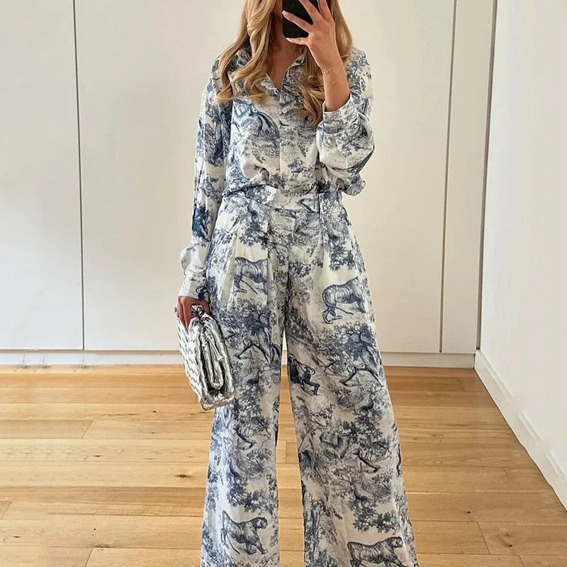 Damen Elegantes Zweiteiliges Set mit weitem Schnitt und floralem Design Drune