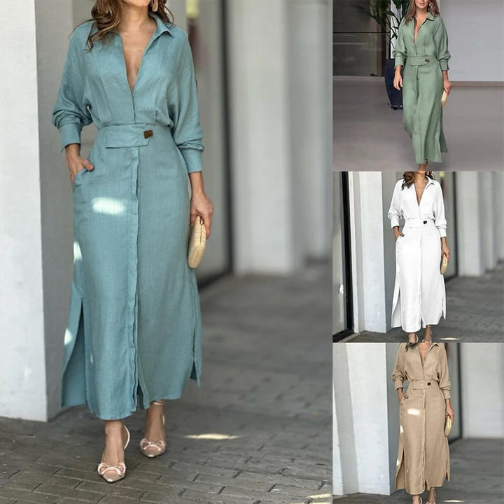 Damen stilvolles Maxikleid mit Hemdkragen und seitlichen Schlitzdetails Drune