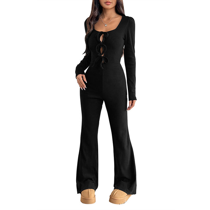Damen Mode Jumpsuit mit langen Ärmeln und Schnürdetails Drune