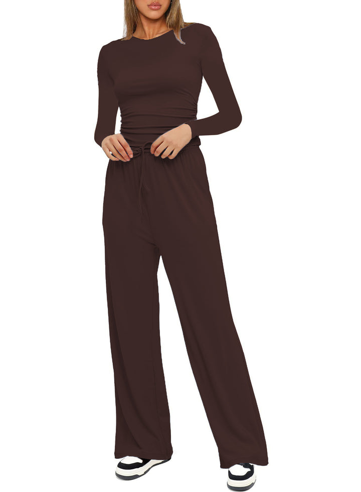 Damen Figurbetontes Longsleeve mit seitlicher Raffung und High-Waist Palazzo-Jogginghose Set Drune