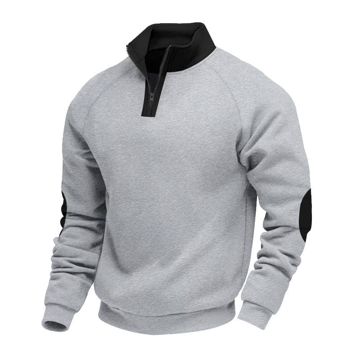 Herren modischer Sweatpullover mit halbem Reißverschluss und kontrastierenden Ellenbogenpatches Drune