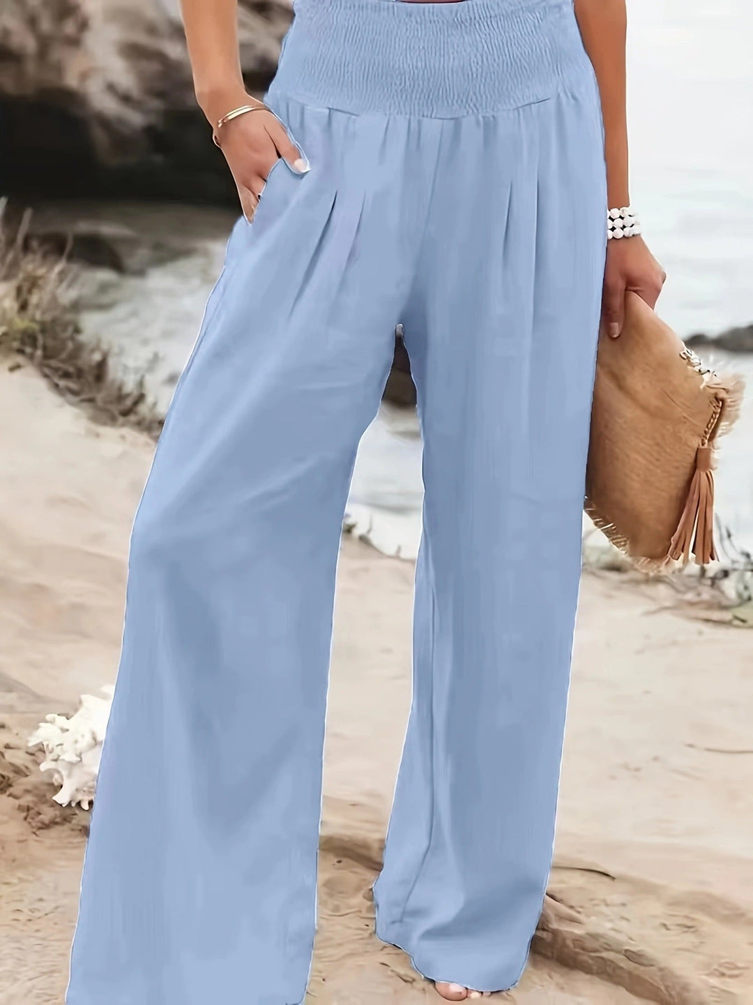 Damen Weite Leinenhose mit elastischem Bund und Falten Drune