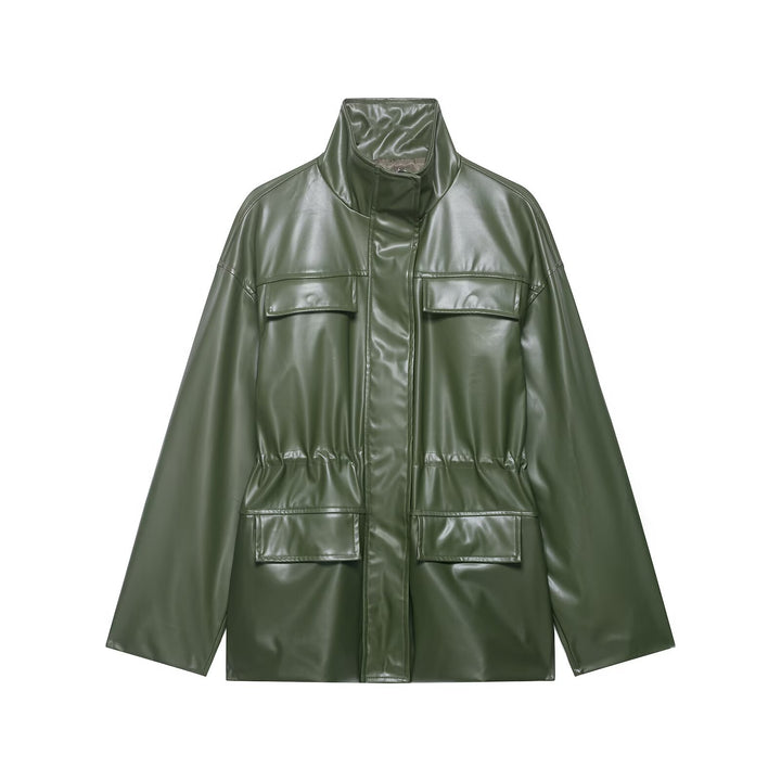 Damen Zweiteiliges PU-Leder-Ensemble mit Fieldjacke, Kordelzugtaillierung und High‑Waist Wide‑Leg Hose Drune