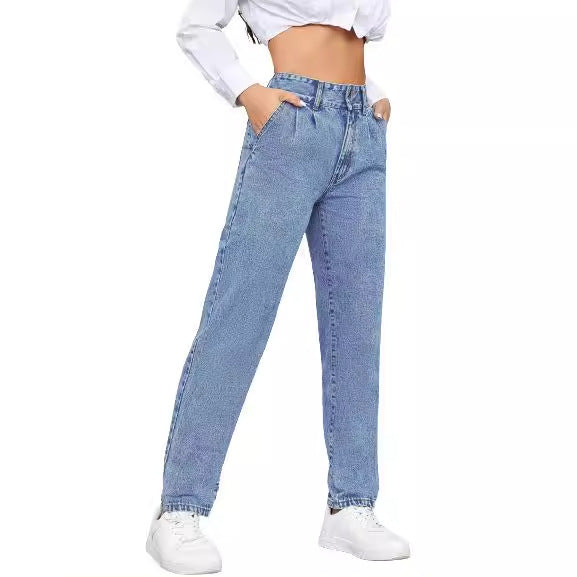 Damen High-Waist Boyfriend Jeans mit klassischem Schnitt und Knopfdetails Drune