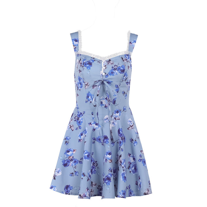 Damen Verspieltes Blumenkleid mit tiefem V-Ausschnitt und Spitzenakzenten Drune