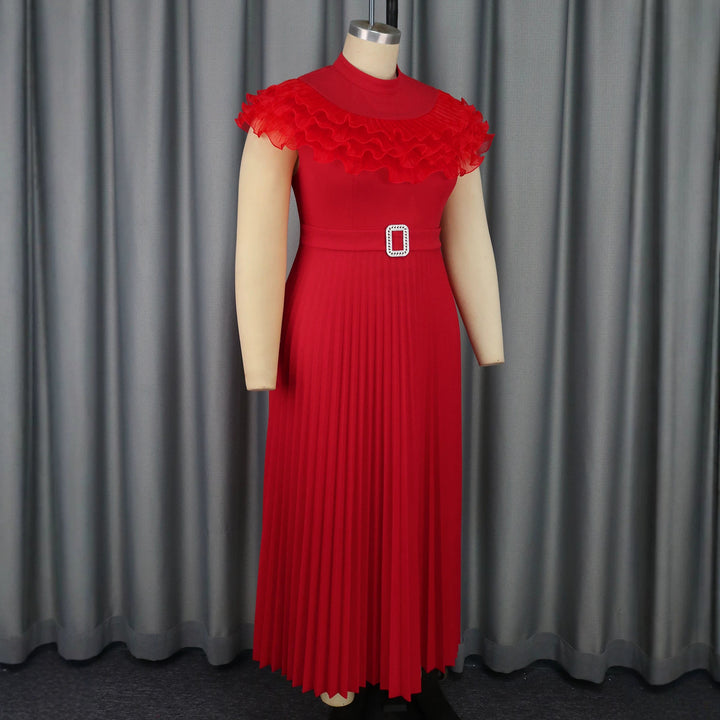 Damen plissiertes Abendkleid mit Volant-Ausschnitt und Taillengürtel Drune