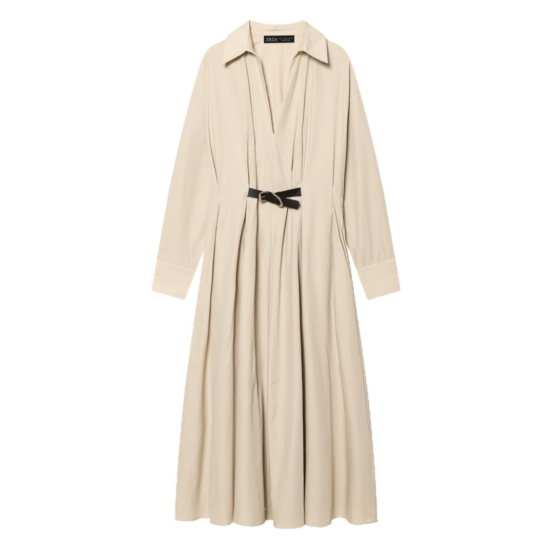 Damen Hemdblusenkleid mit Plissée‑Rock und schmalem Taillengürtel Drune