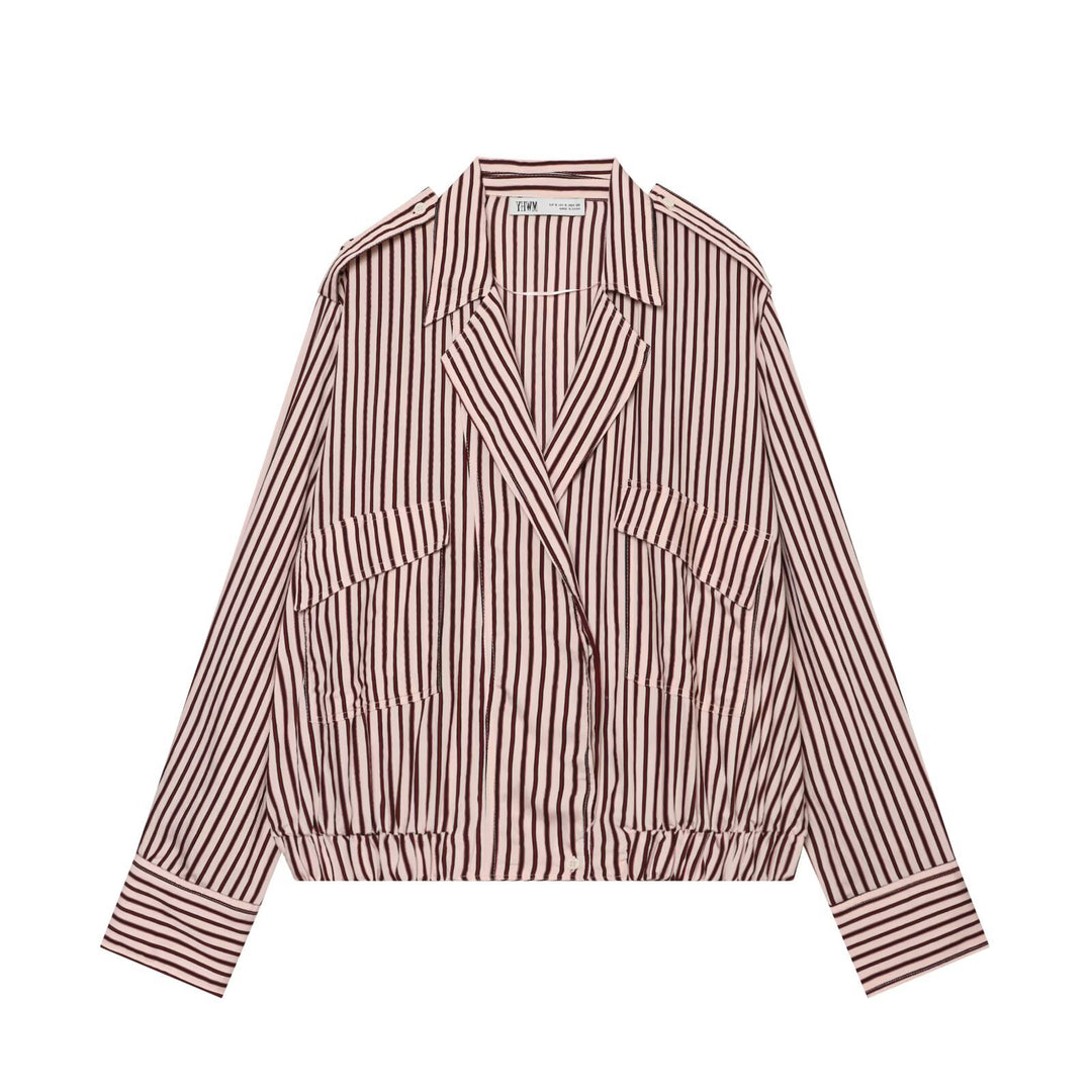 Damen Gestreifte Oversized Hemdjacke mit Tunnelzugsaum und Pattentaschen Drune