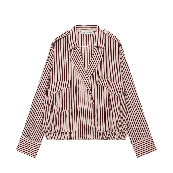 Damen Gestreifte Oversized Hemdjacke mit Tunnelzugsaum und Pattentaschen Drune