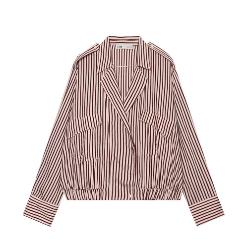 Damen Gestreifte Oversized Hemdjacke mit Tunnelzugsaum und Pattentaschen Drune
