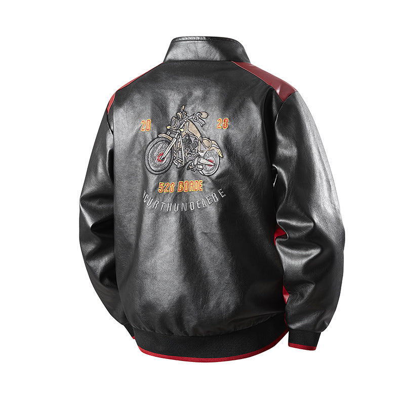 Herren Modische Kunstlederjacke mit aufwendiger Stickerei Drune