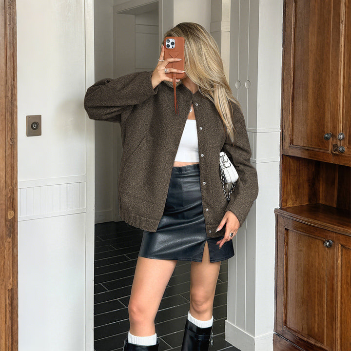 Damen nan oversized Wolljacke mit Druckknopfleiste, kastiger Silhouette und aufgesetzten Taschen Drune