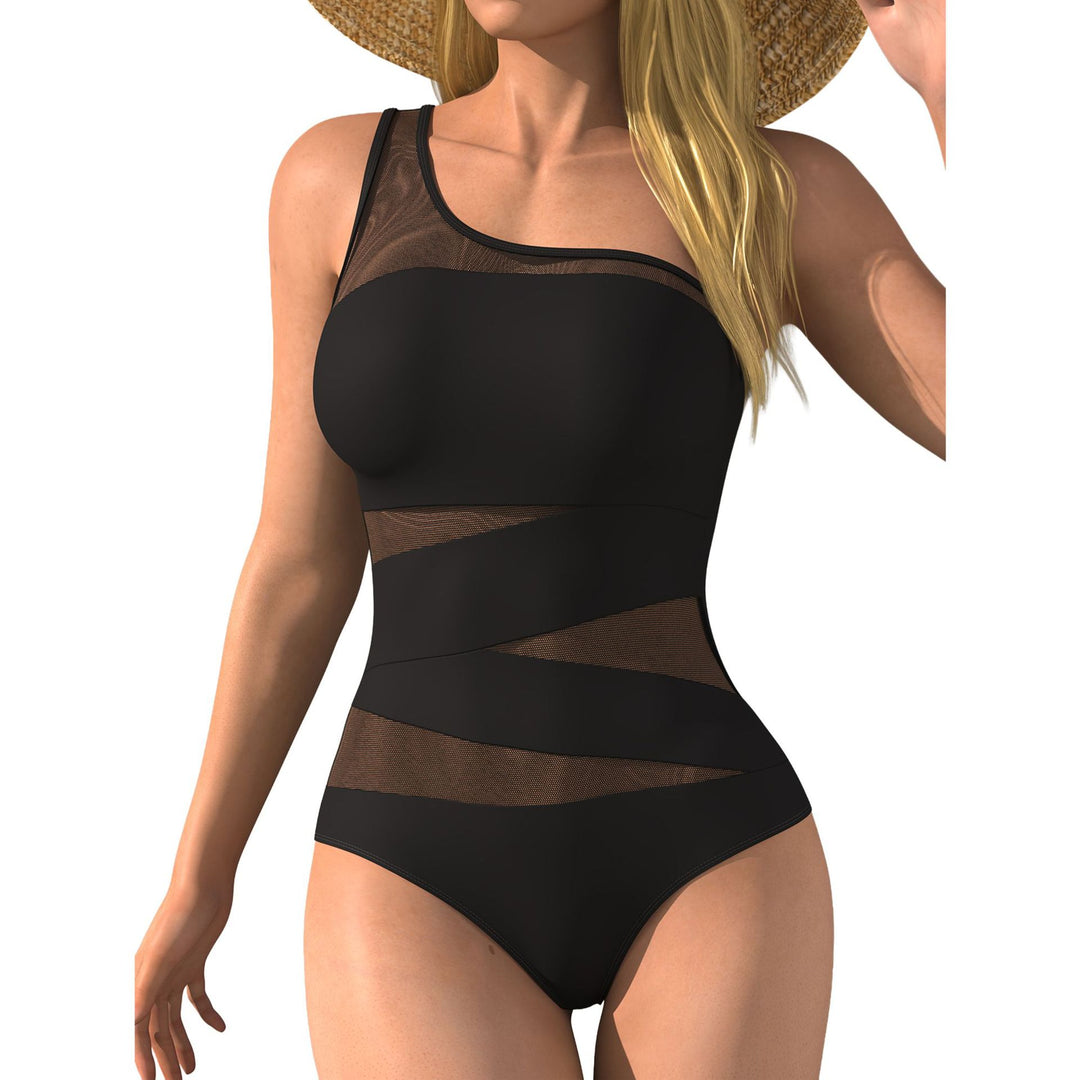 Damen Einteiler Badeanzug mit asymmetrischem Design und transparenten Einsätzen Drune