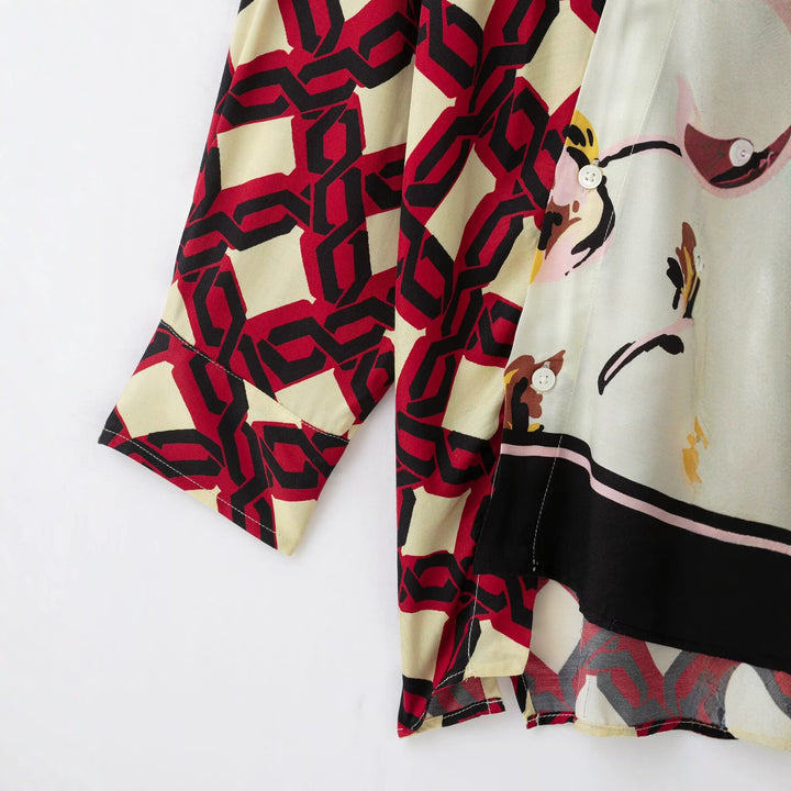 Damen Oversize Seidenoptik Bluse mit asymmetrischem Saum und Patchwork-Print Drune