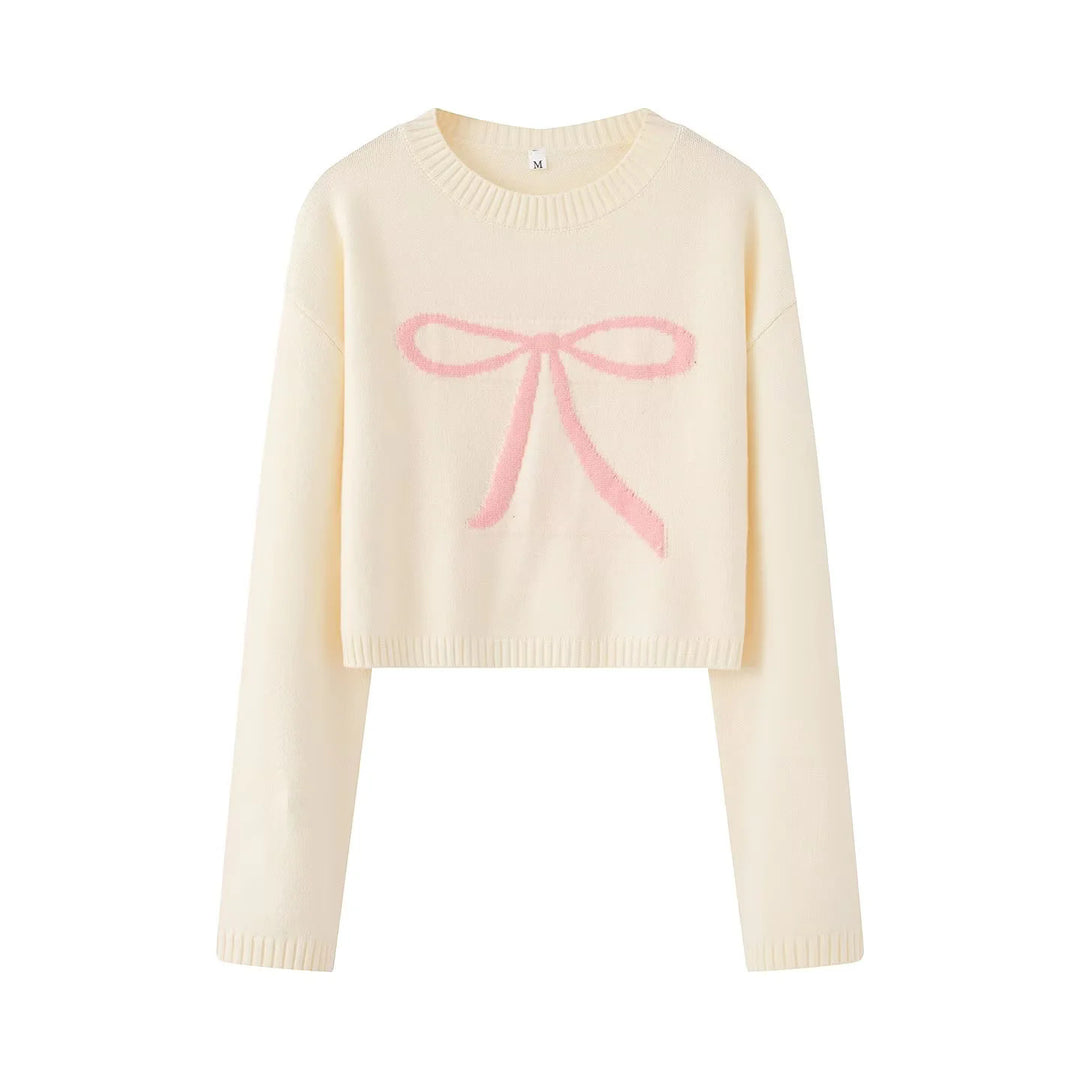 Damen nan kurz geschnittener Strickpullover mit Intarsien-Schleifenmotiv Drune